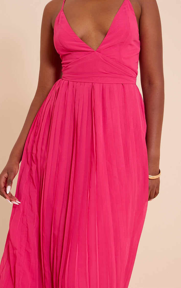 Fuschia Chiffon Strappy Pleated Belt Detail Maxi Dress