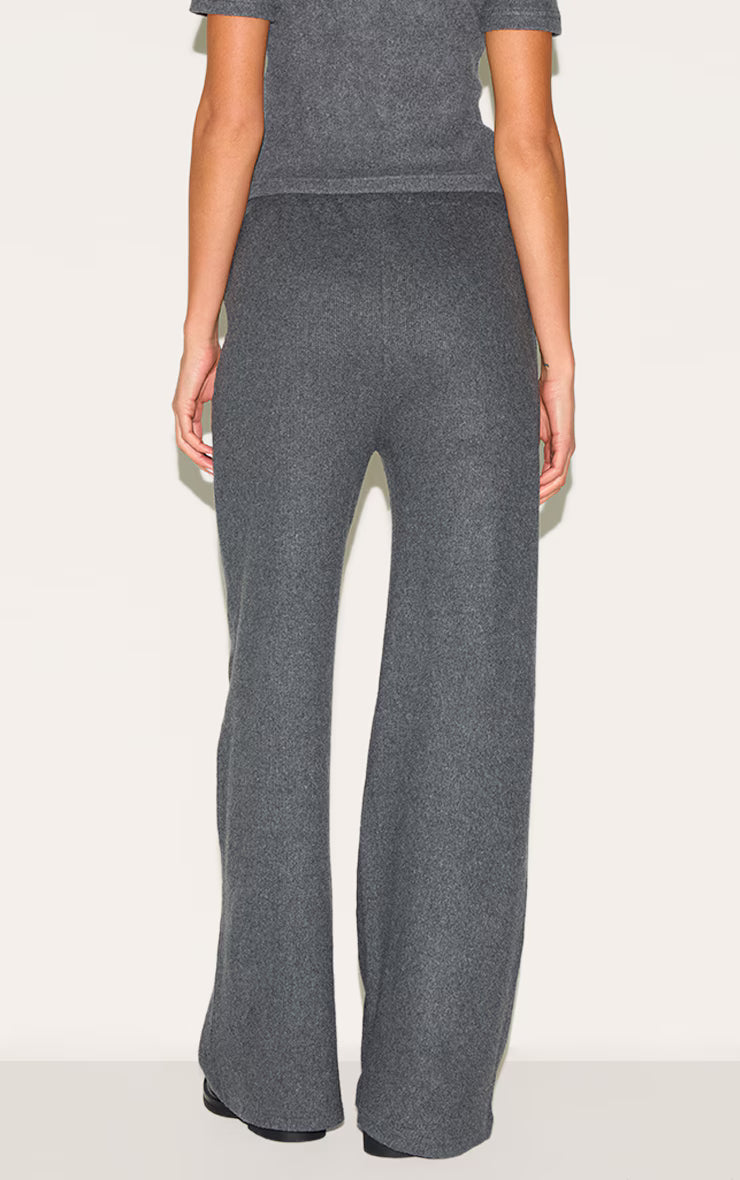 Charcoal Brushed Rib Button Up Detail Straight Leg Pants