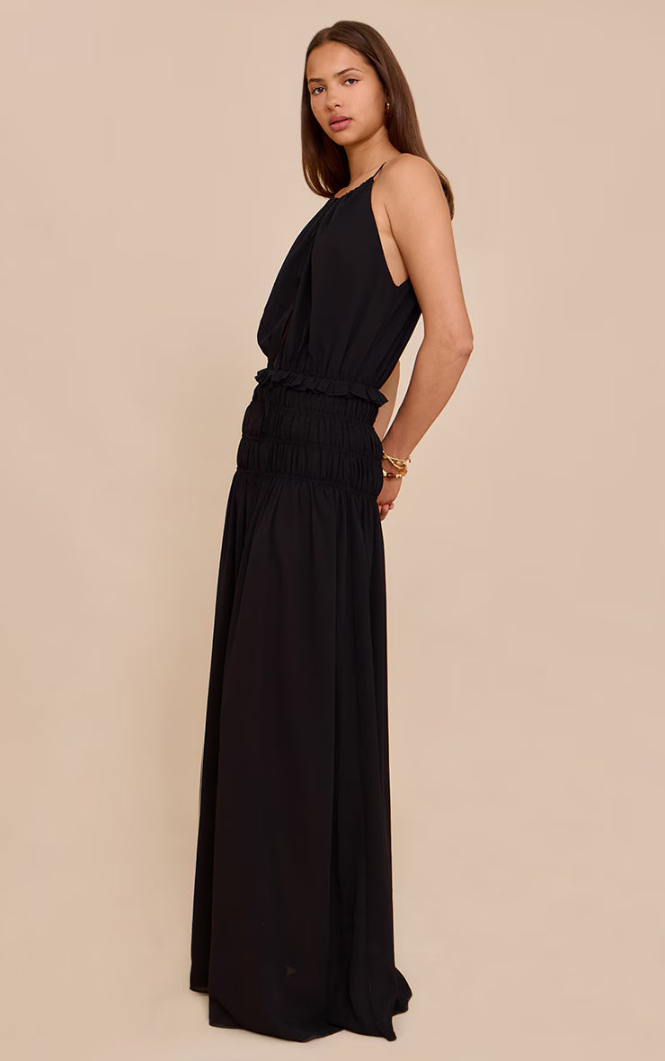 Black Chiffon Shirred Maxi Dress