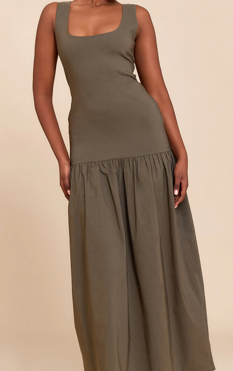 Khaki Stretch Woven Drop Waist Maxi Dress