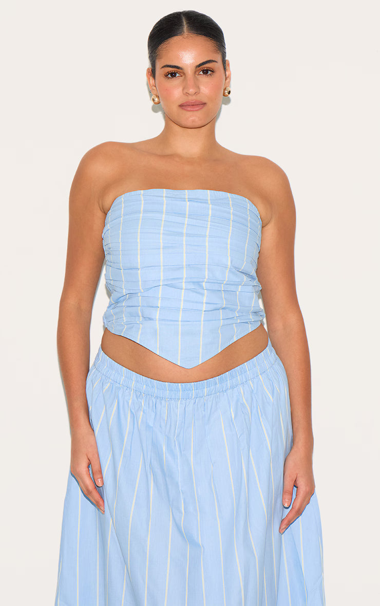 Plus Blue Cotton Poplin Bandeau Ruched Front Top