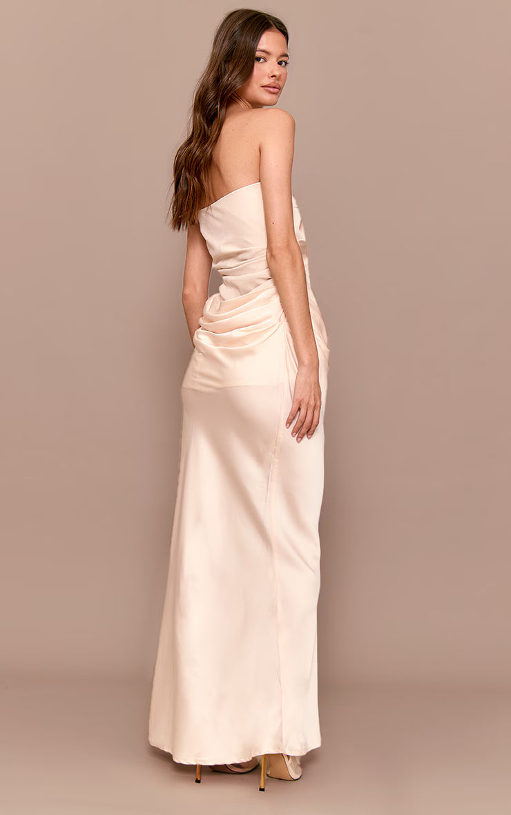 Natural Bandeau Satin Drape Detail Midaxi Dress