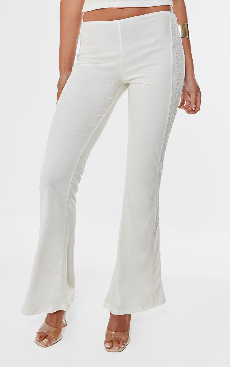 Cream Lace Mesh Panel Straight Leg Pants