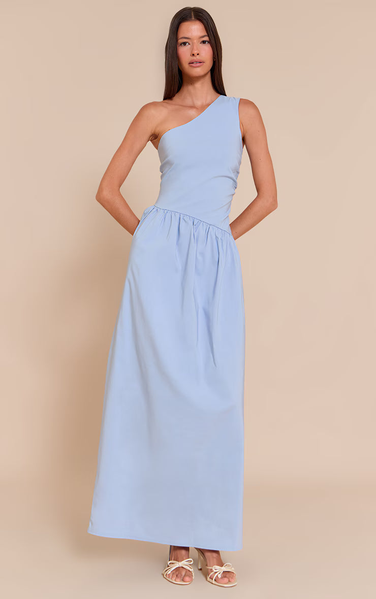 Light Blue Stretch Woven One Shoulder Maxi Dress