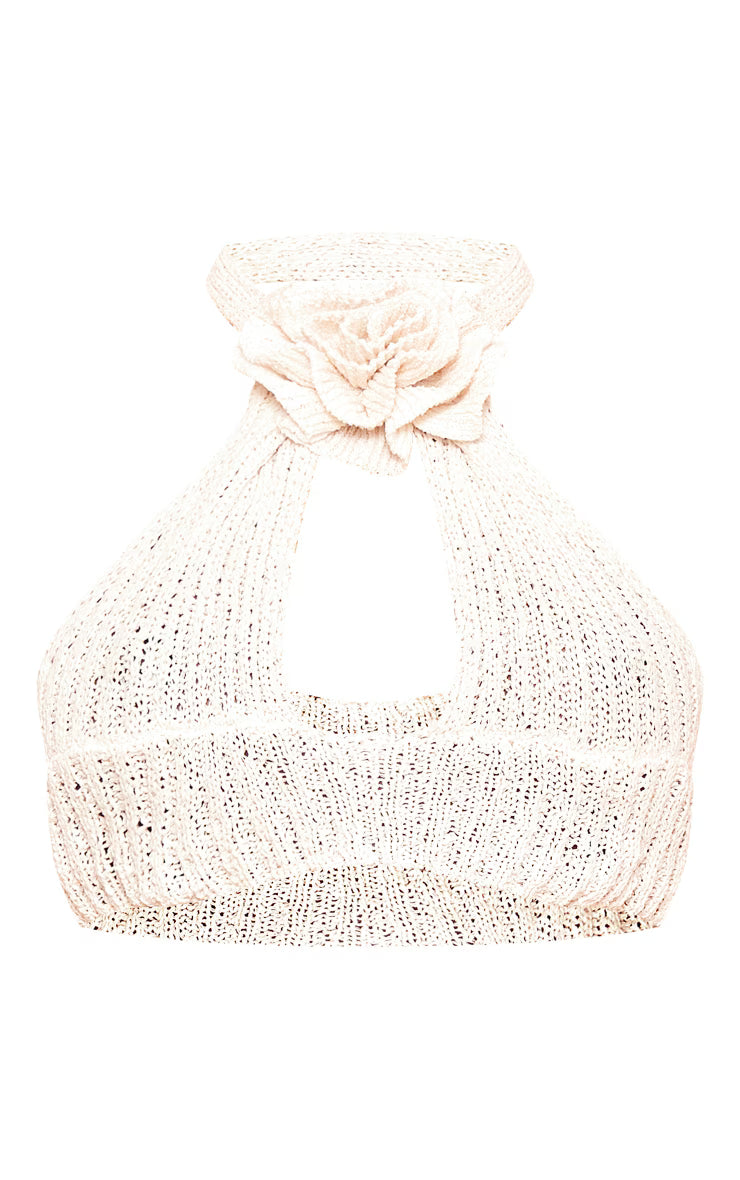 Cream Crochet Knit Floral Aplique Cut Out Top