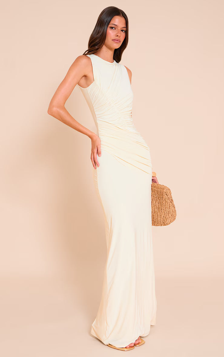 Almond Double Layer Soft Touch Extreme Ruched Maxi Dress