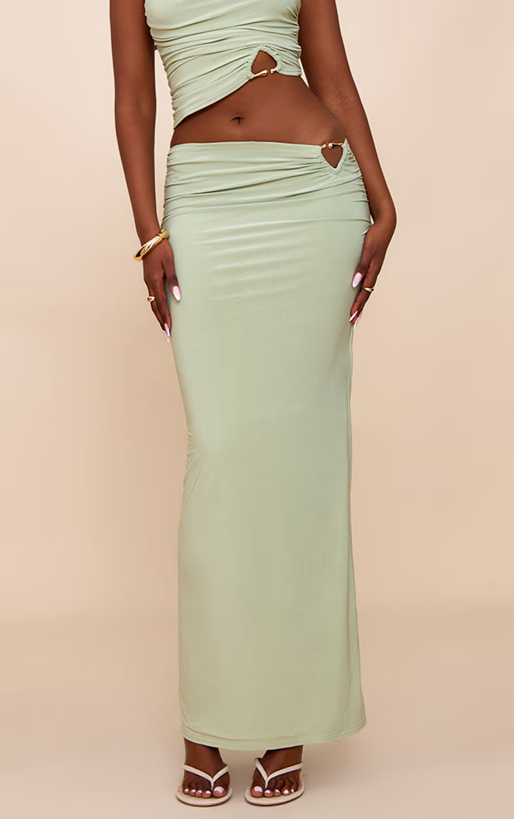 Mint Double Layer Slinky Trim Detail Maxi Skirt