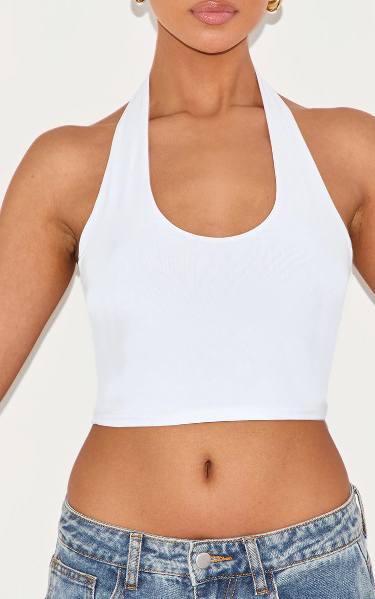 Basic White Slinky Scoop Neck Halter Top