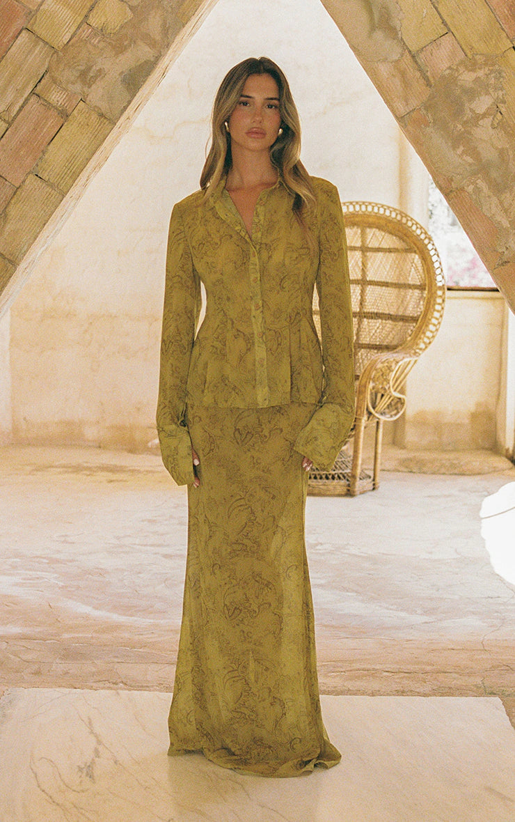 Chartreuse Abstract Print Chiffon Fishtail Maxi Skirt