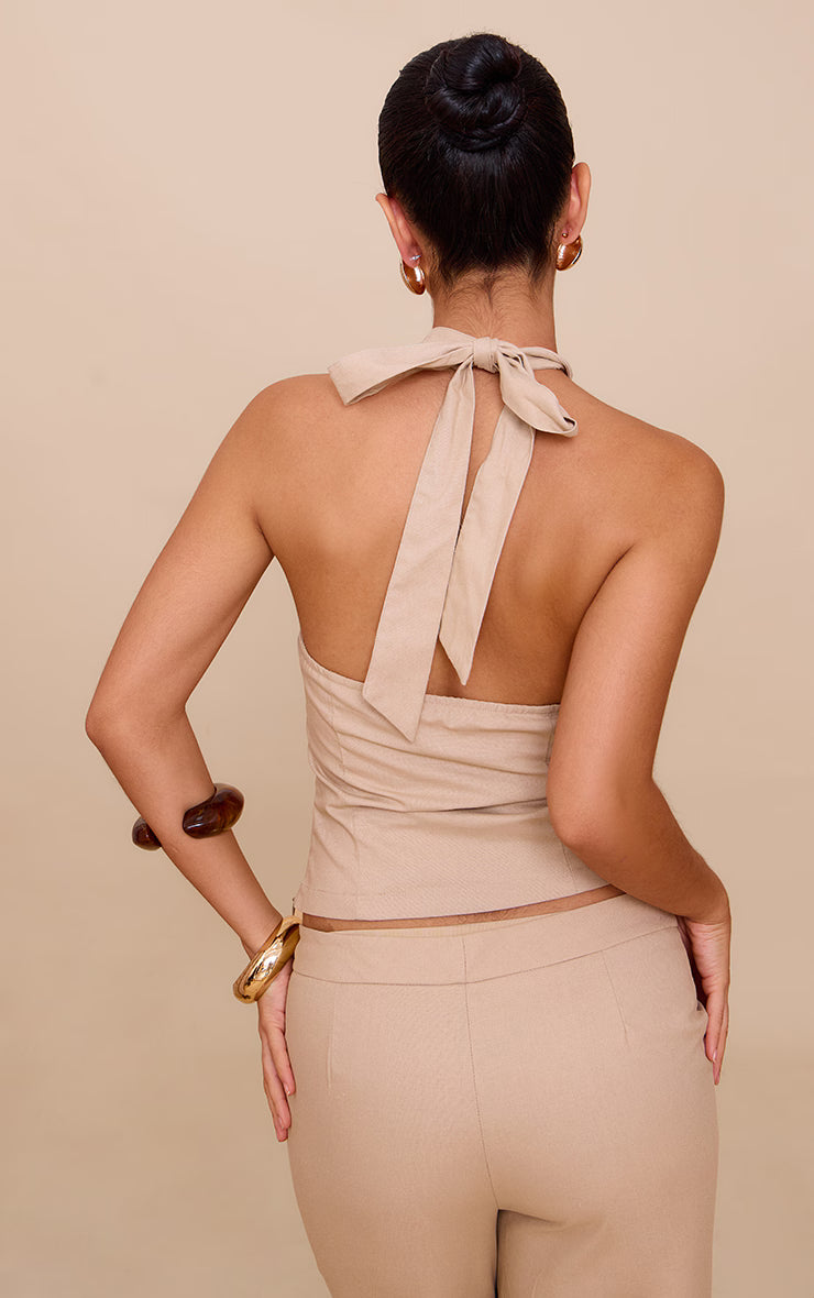 Sand Woven Bead Detail Halterneck Top