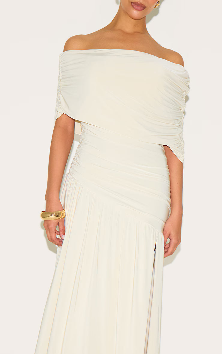 Petite White Double Layer Slinky Bardot One Shoulder Ruched Maxi Dress