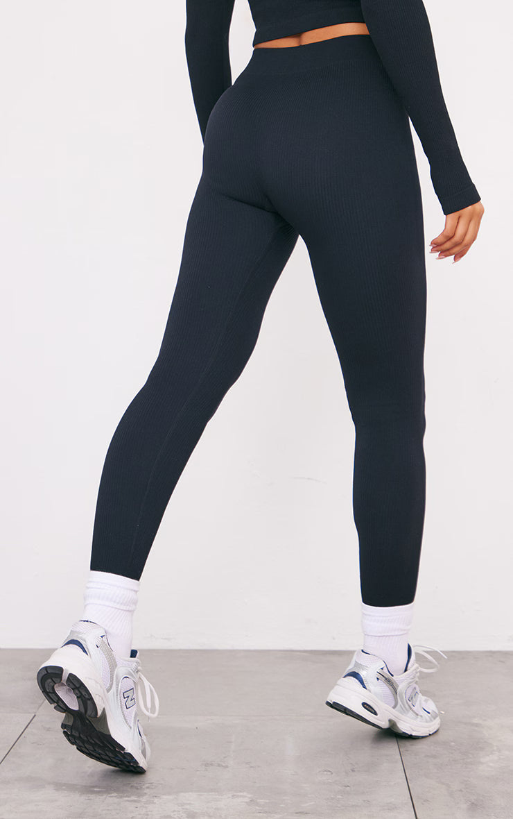 Black Structured Snatched Ribbed Leggings