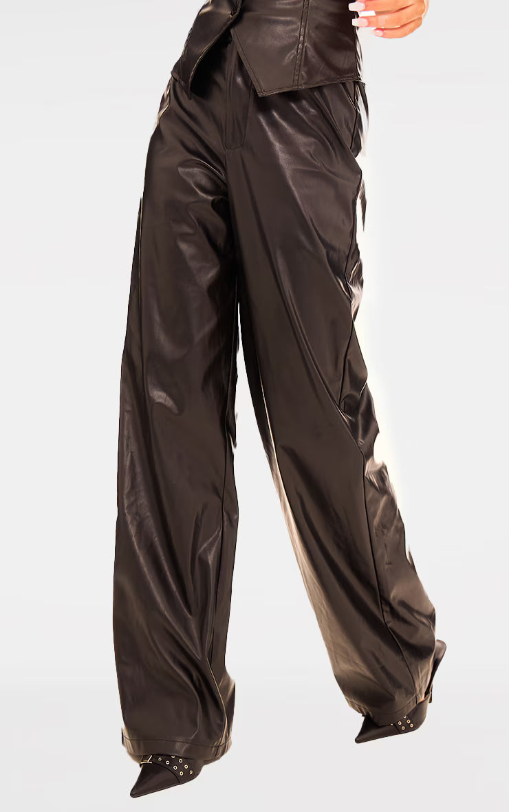 Black Faux Leather Mid Rise Wide Leg Pants