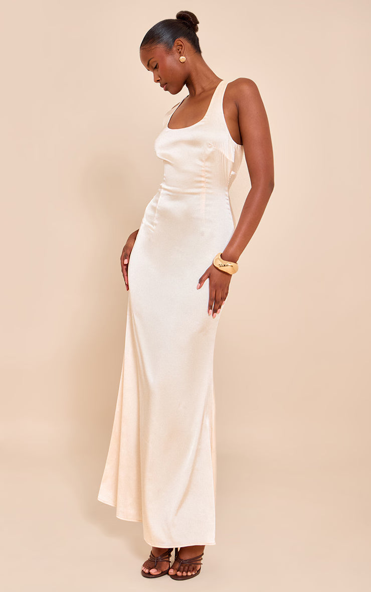Natural Satin Cross Back Midaxi Dress