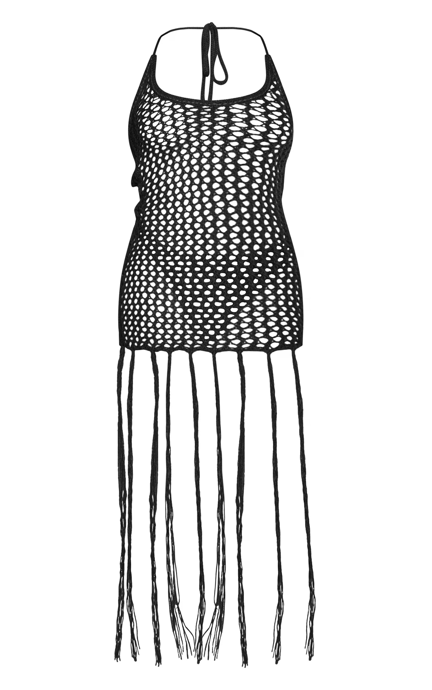 Black Crochet Open Knit Extreme Tassel Mini Dress