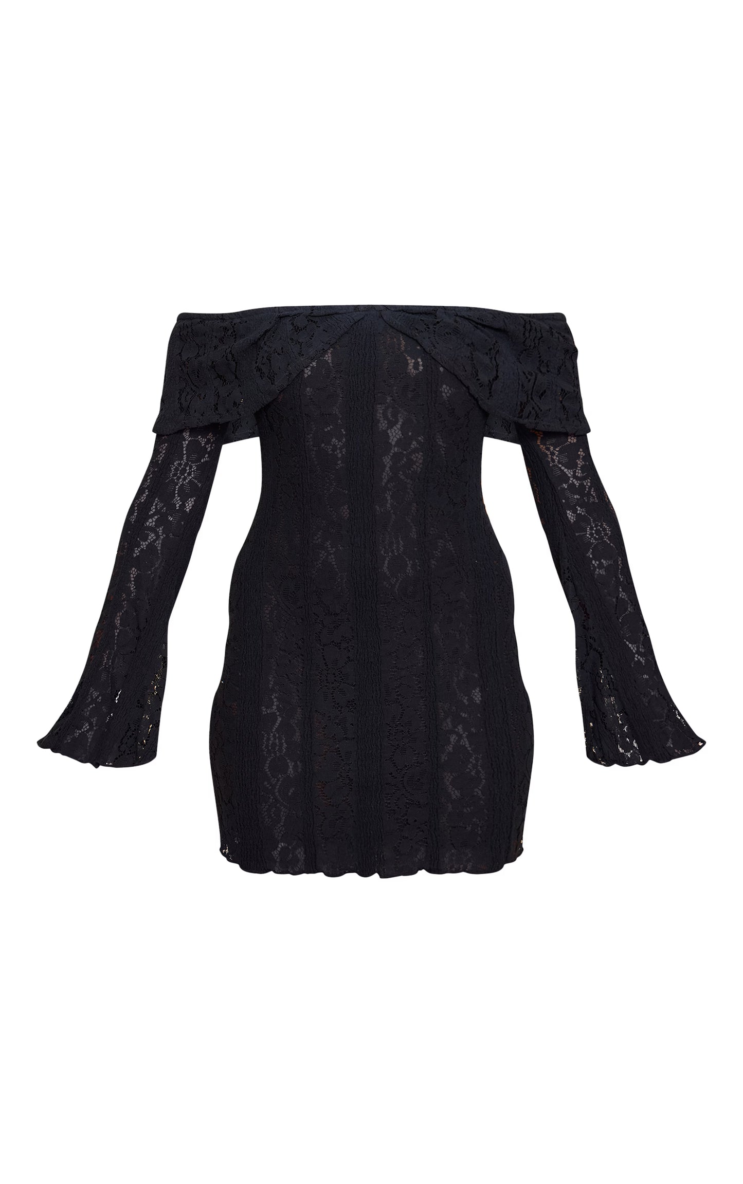Black Lace Bardot Long Sleeve Mini Dress