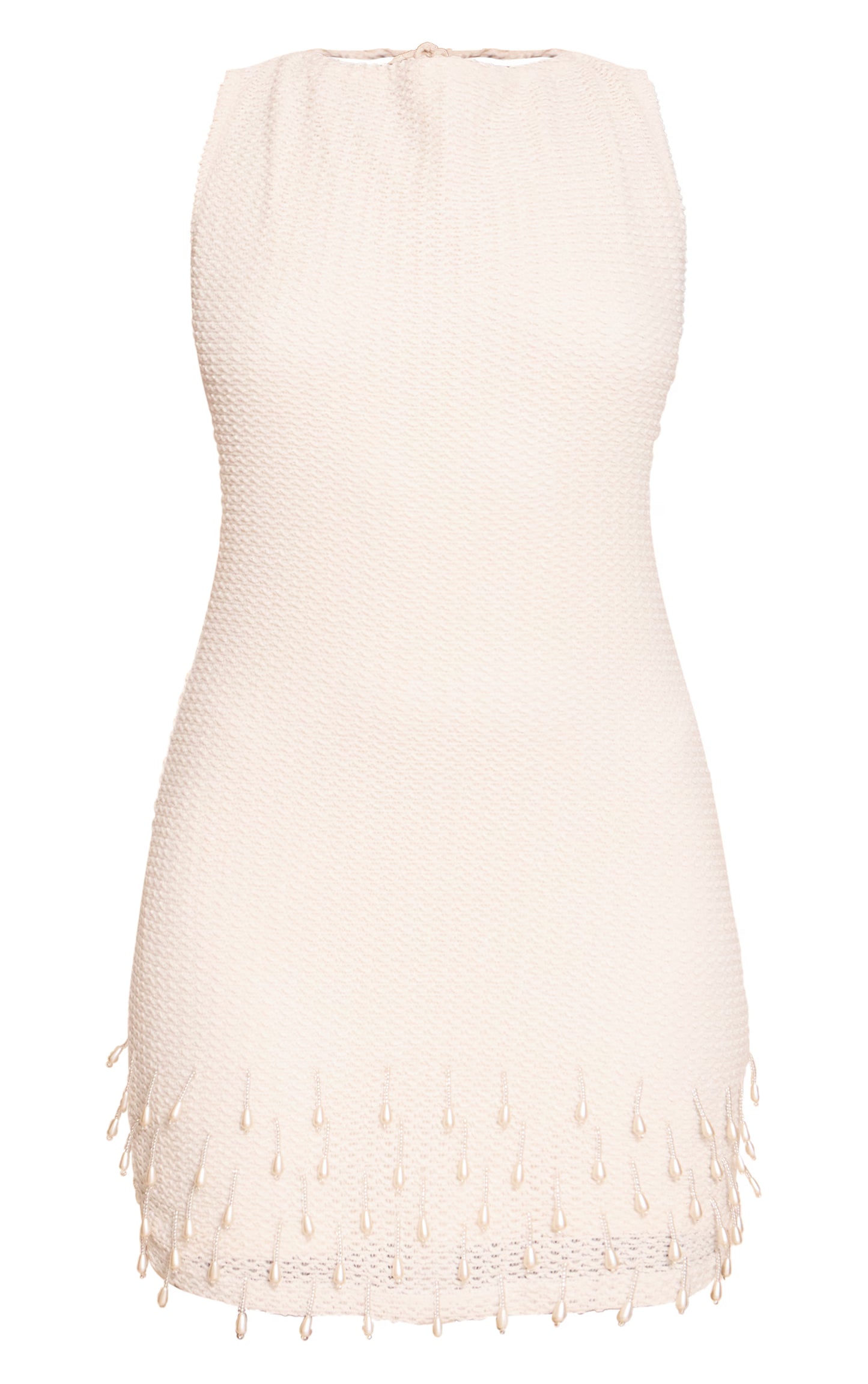 Cream Textured Boat Neck Pearl Detail Mini Dress