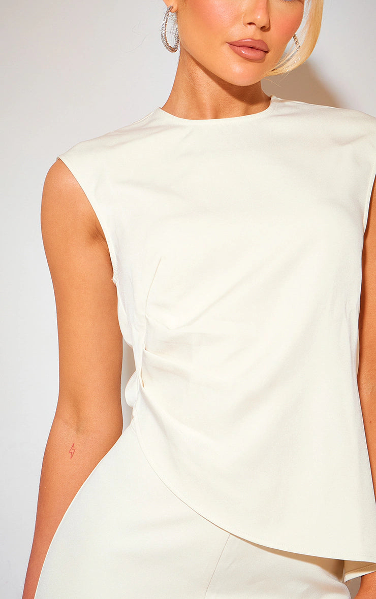 Cream Tailored Side Ruched Asymmetric Hem Longline Top