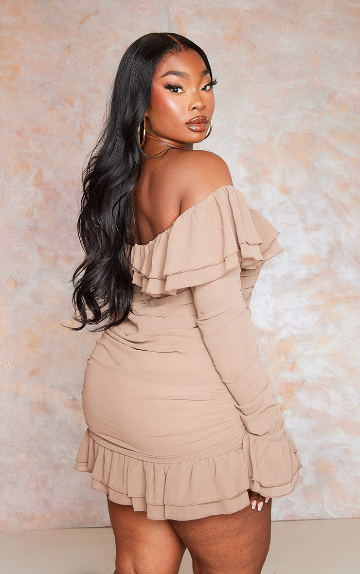 Plus Mocha Bardot Ruffle Detail Shift Dress