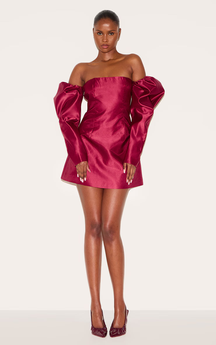 Wine Oversized Puff Sleeve A Line Shift Dress