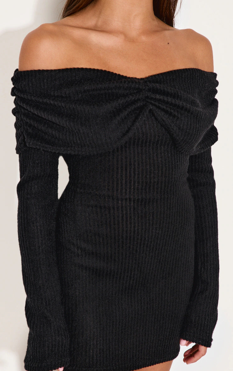 Black Brushed Rib Bardot Long Sleeve Bodycon Dress