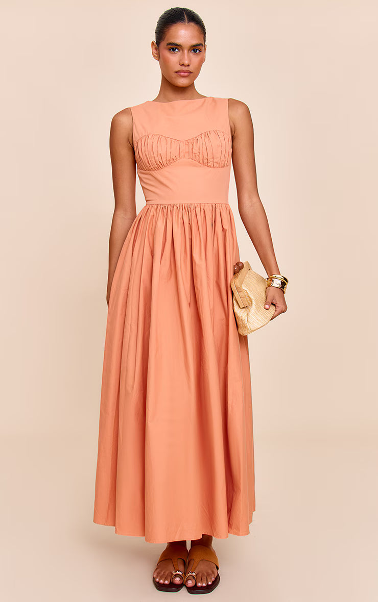 Rust Cotton Poplin Ruched Bust Midaxi Dress