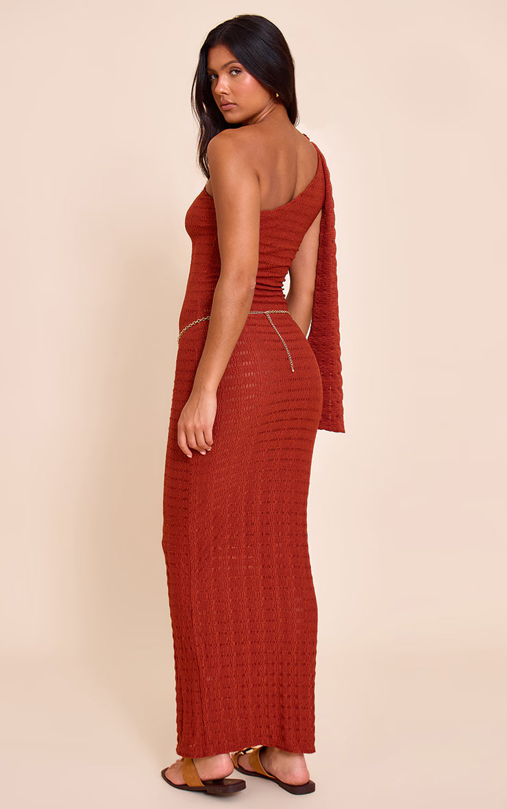 Rust Textured One Shoulder Drape Detail Maxi Dress