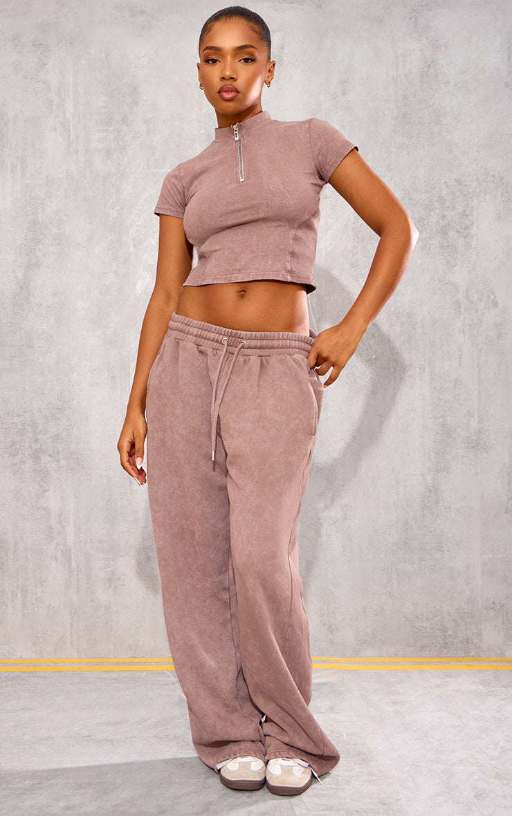 Taupe Washed Zip Up Rib Panel Top