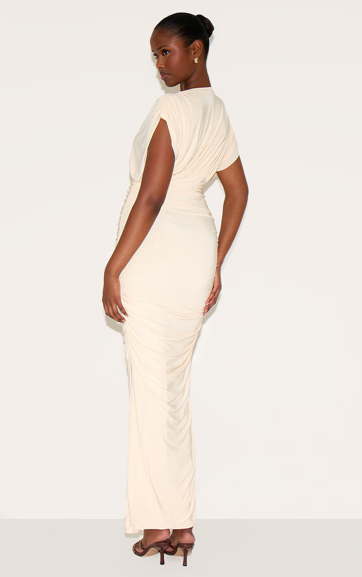 Butter Yellow Double Layer Slinky Ruched Batwing Maxi Dress