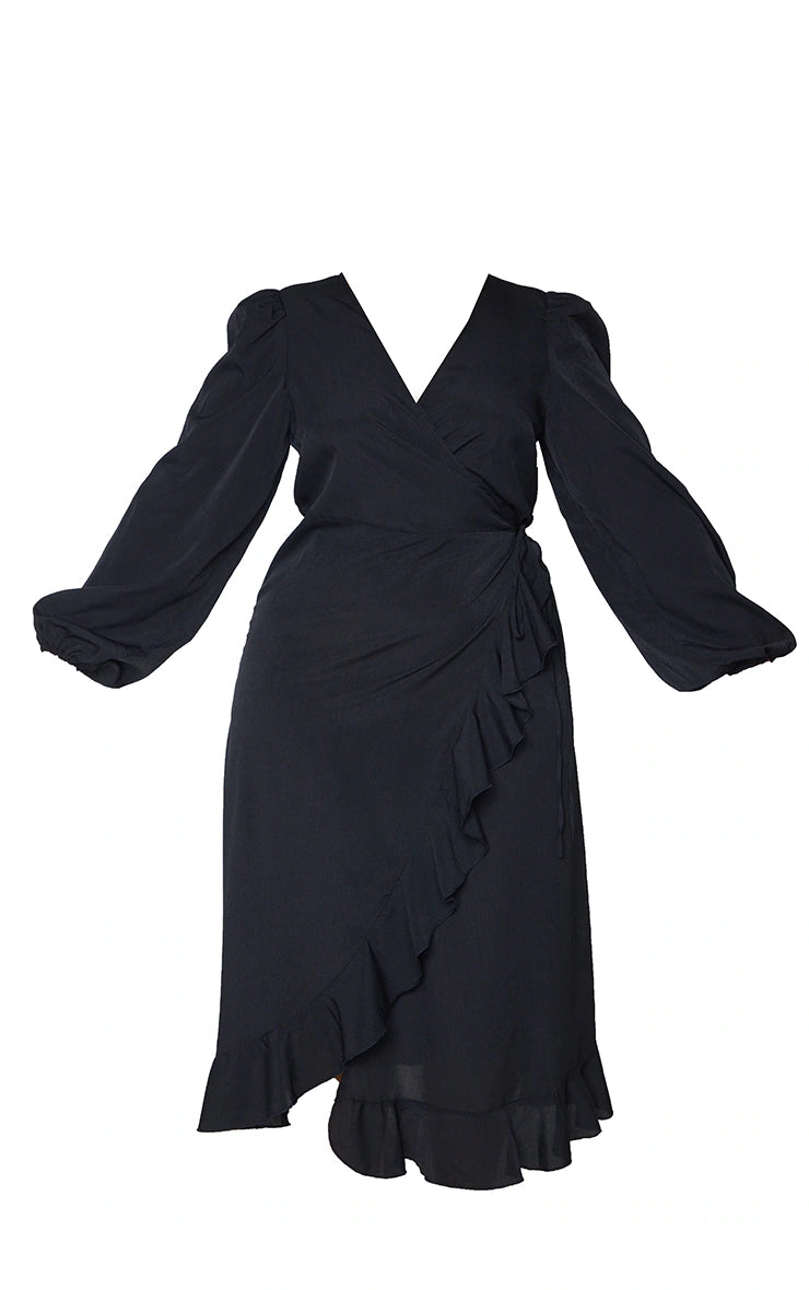 Plus Black Ruffle Wrap Front Midi Dress