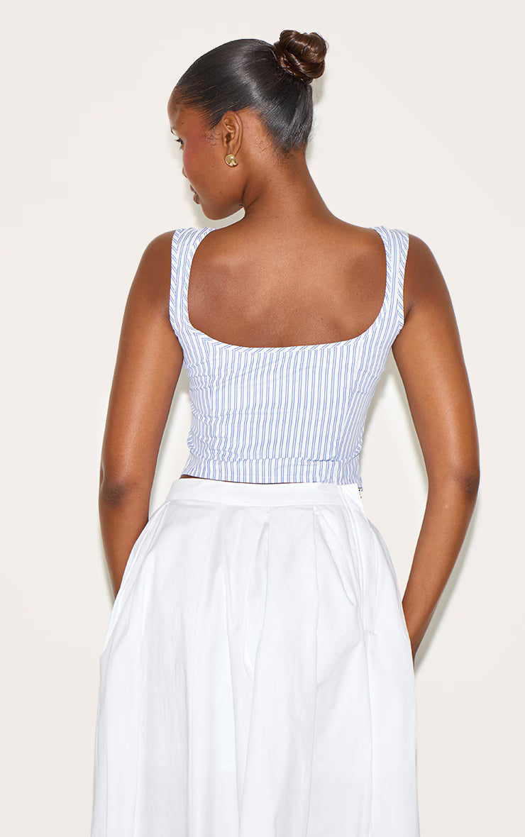 Sky Blue Cotton Contrast Striped Crop Top