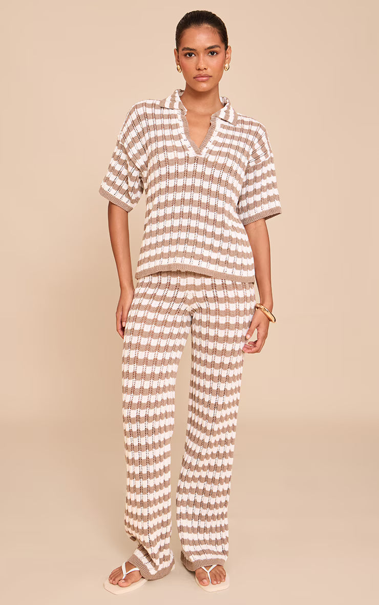 Mocha Crochet Stripe Rugby Knit Top