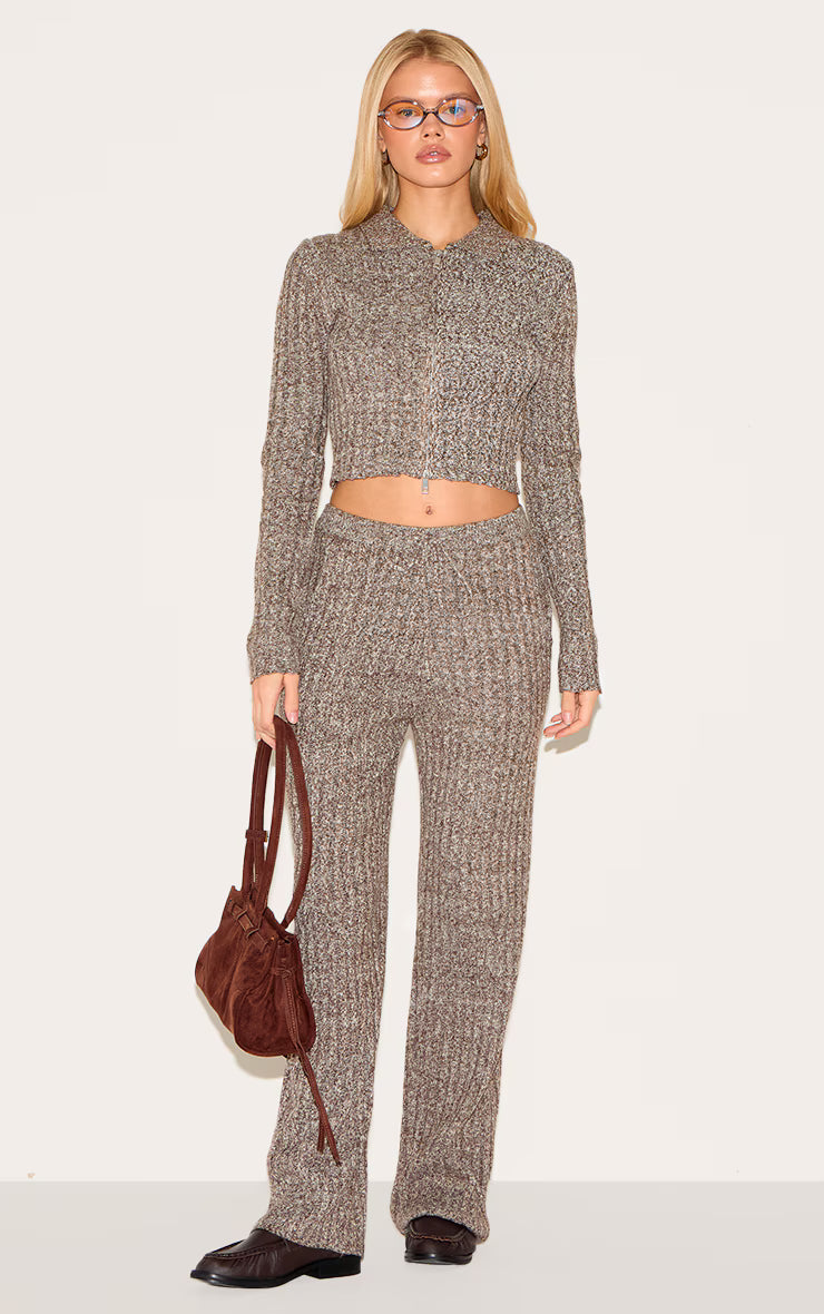 Chocolate Marl Knitted Dipped Hem Cropped Zip Up Top
