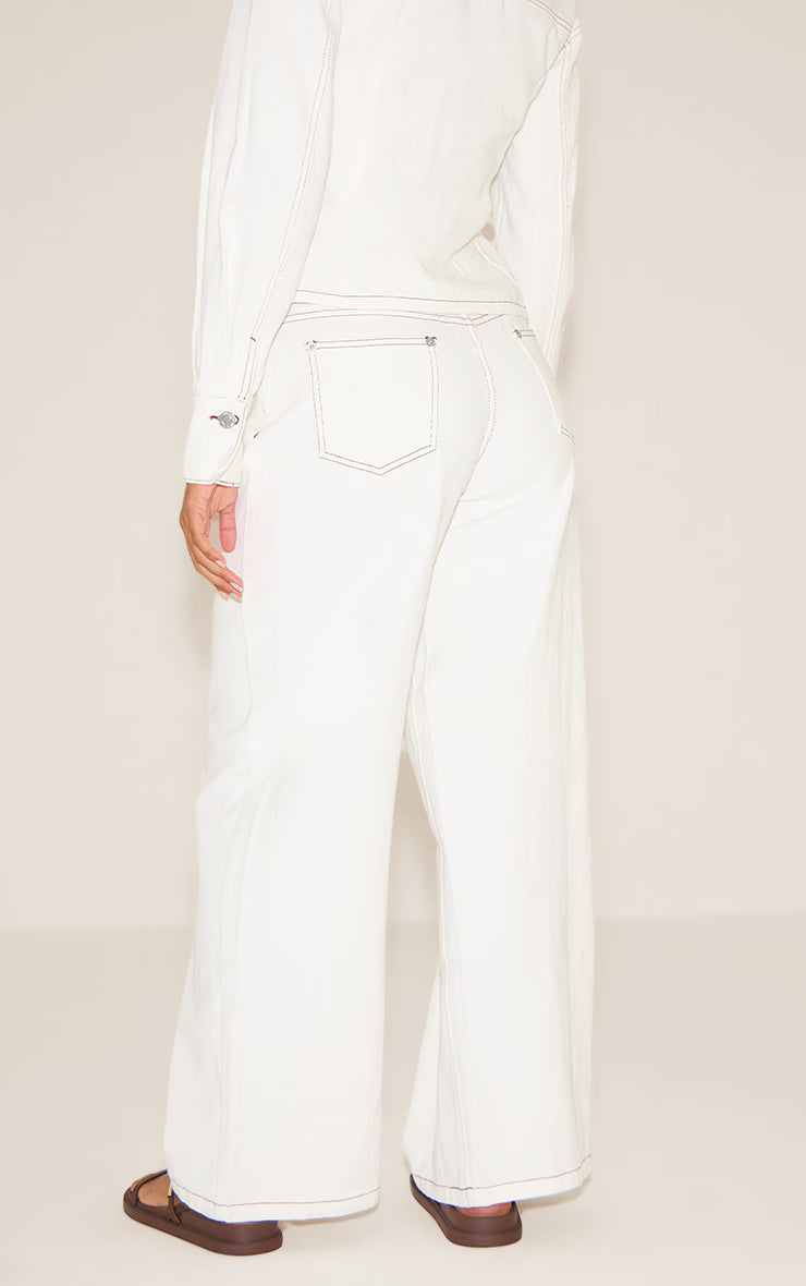 White Contrast Stitch Mid Waist Wide Leg Jeans