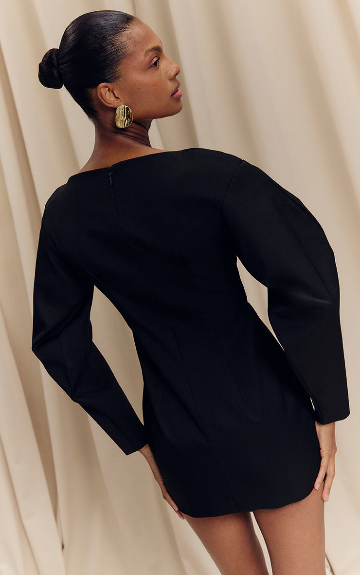 Black Cocoon Sleeve Cinched Waist Blazer Dress