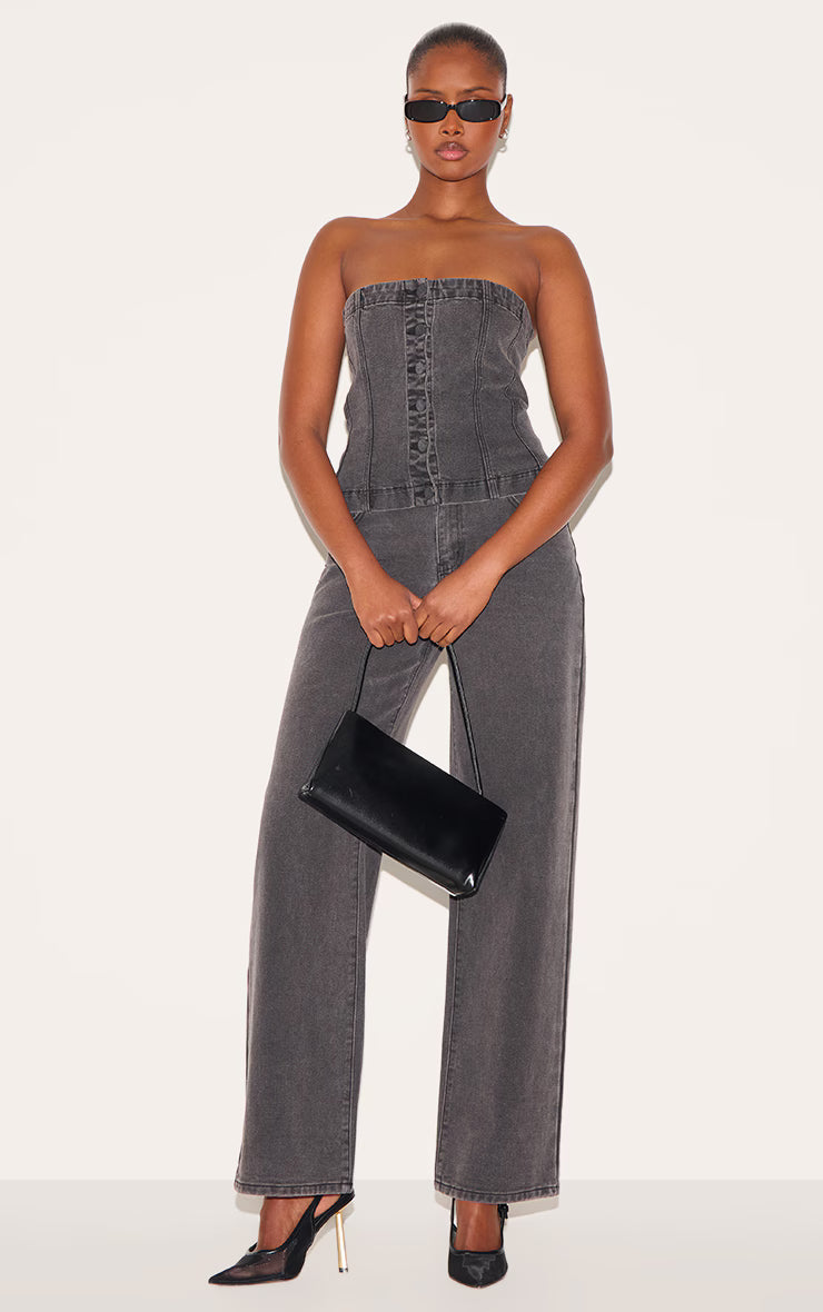 Washed Black Covered Button Longline Denim Top
