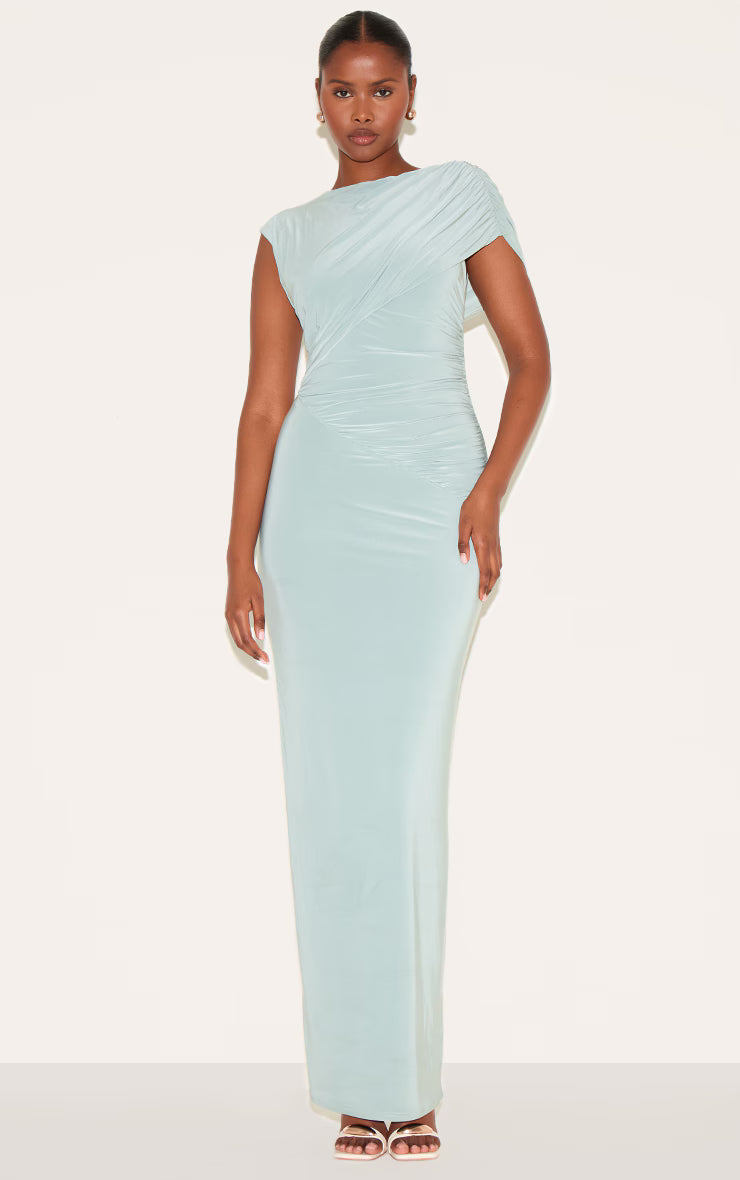 Sage Double Layer Slinky Off Shoulder Drape Maxi Dress