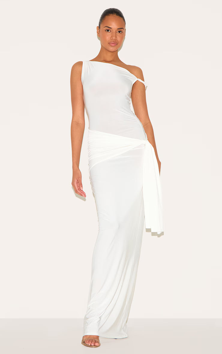 Cream Slinky Off Shoulder Wrap Detail Maxi Dress