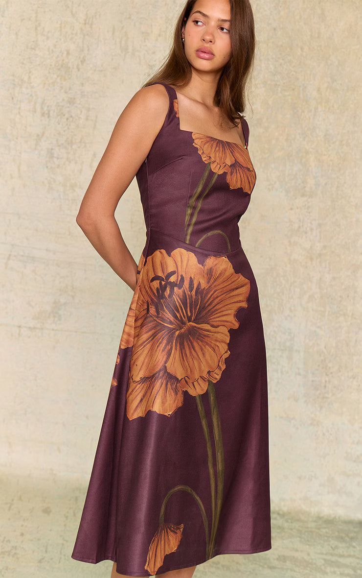 Dark Chocolate Floral Printed Square Neck Midaxi Dress