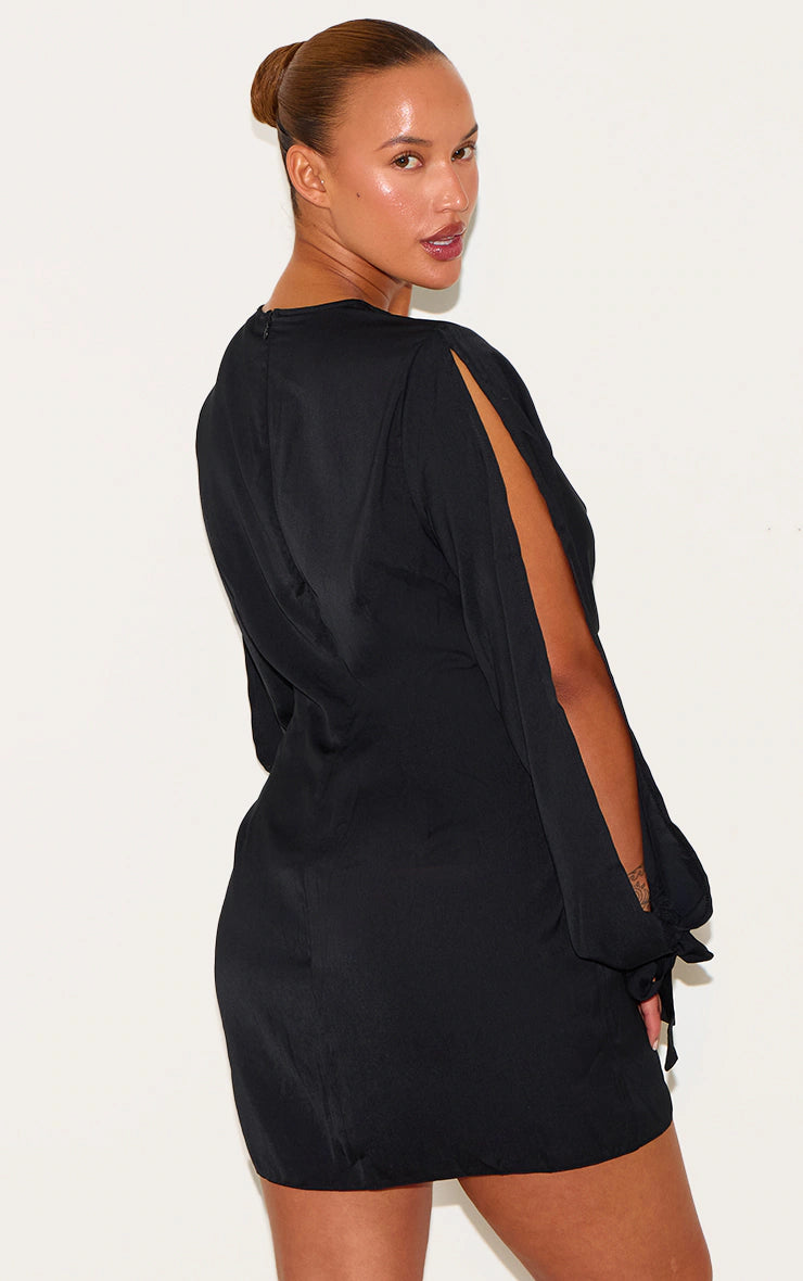 Plus Black Satin Twist Front Open Sleeve Wrap Dress
