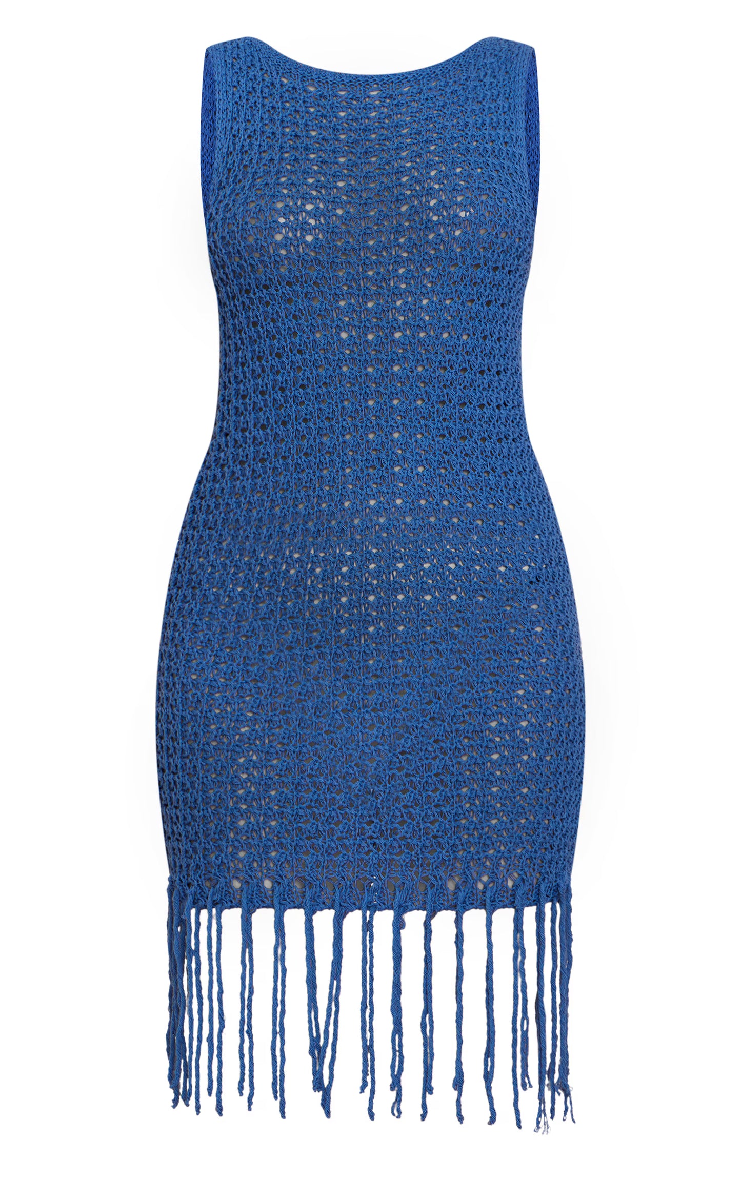 Powder Blue Crochet Boat Neck Tassel Mini Dress