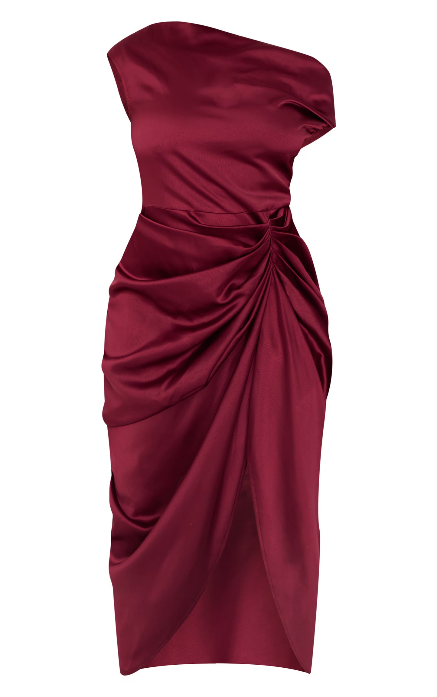 Plus Burgundy Satin Off The Shoulder Draped Skirt Midi Dress