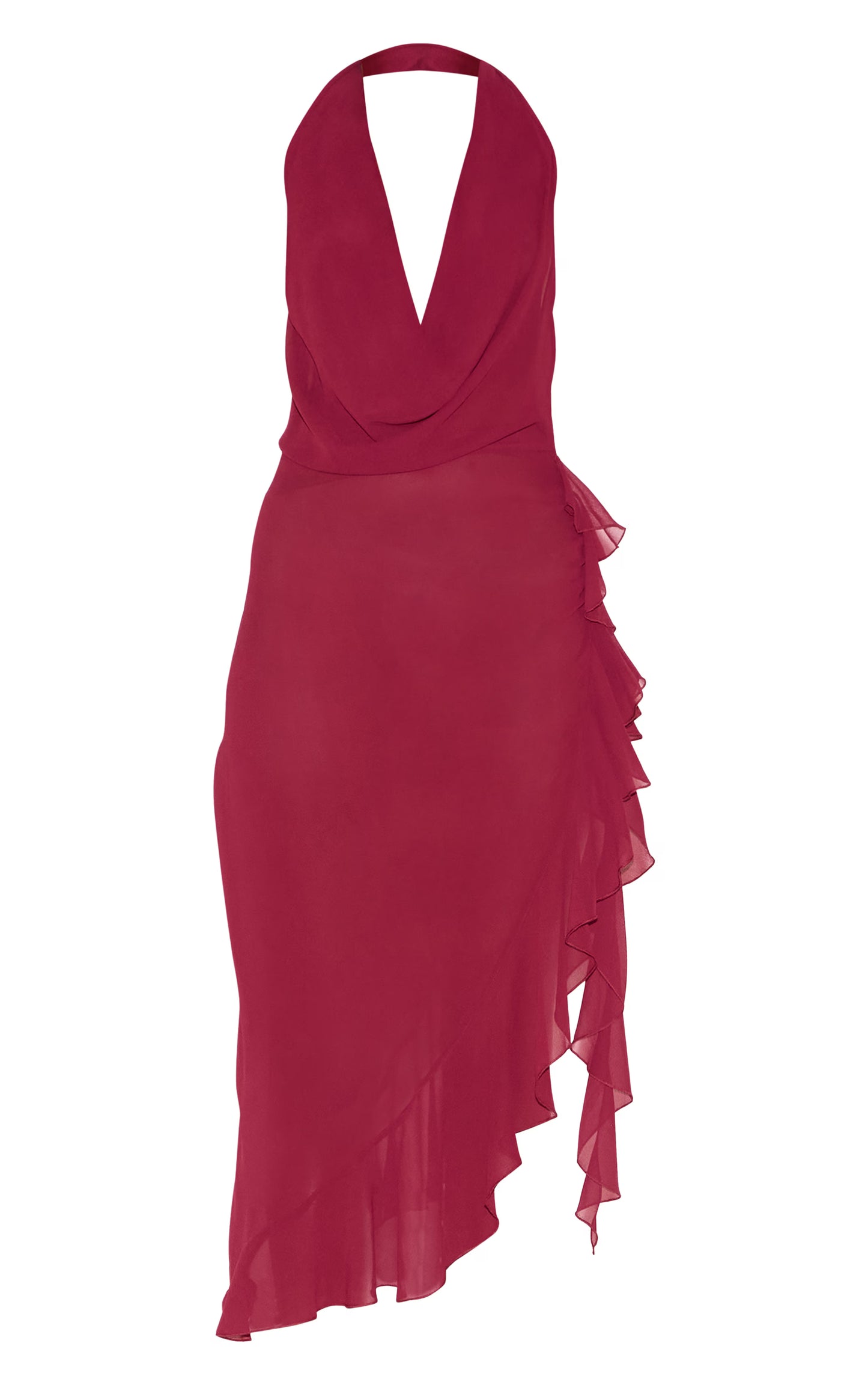 Wine Cowl Ruffle Split Detail Midi Dress