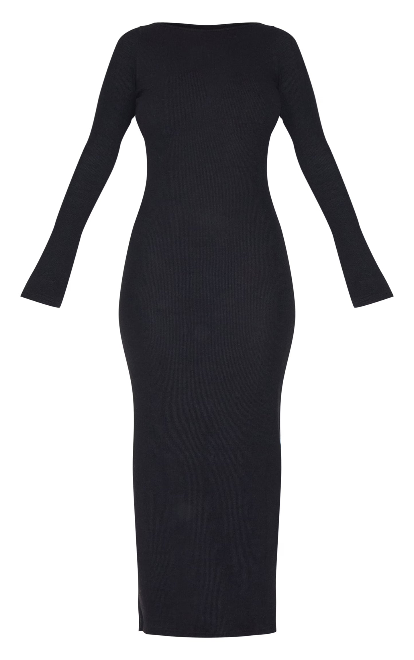 Black Heavy Brushed Rib Flared Sleeve Maxi Dress