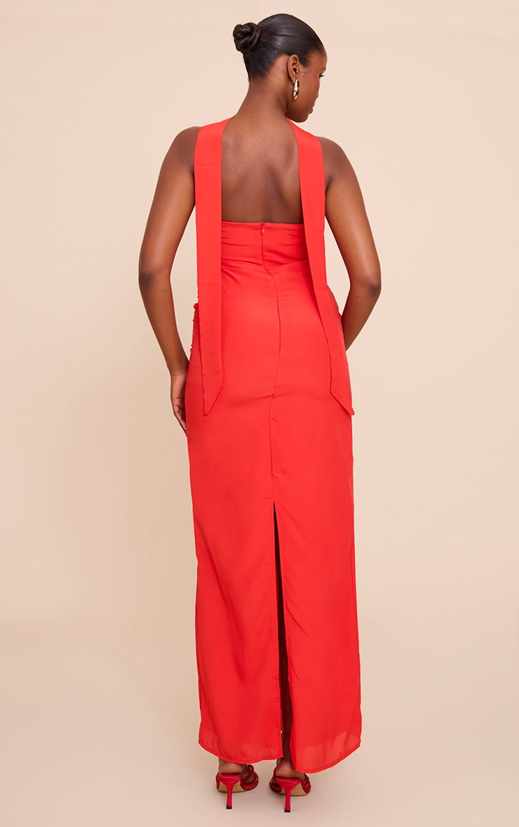 Red Bandeau Scarf Detail Chiffon Maxi Dress