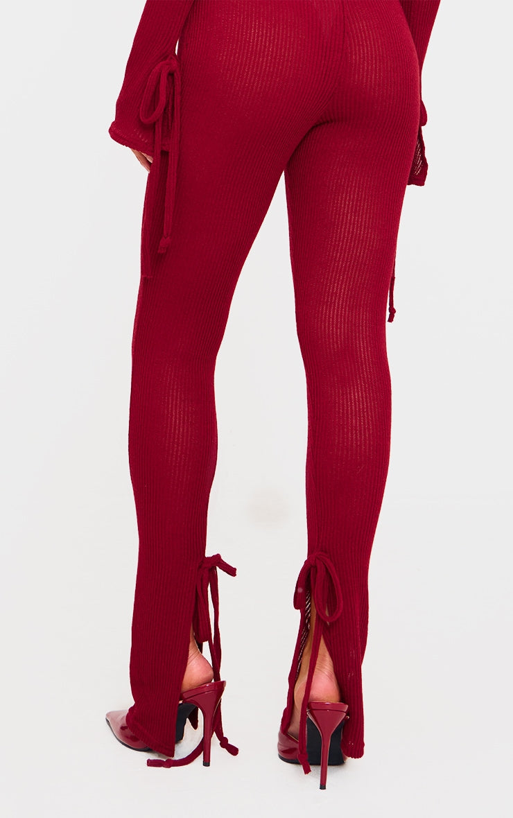 Cherry Red Sheer Soft Rib Split Hem Tie Detail Leggings