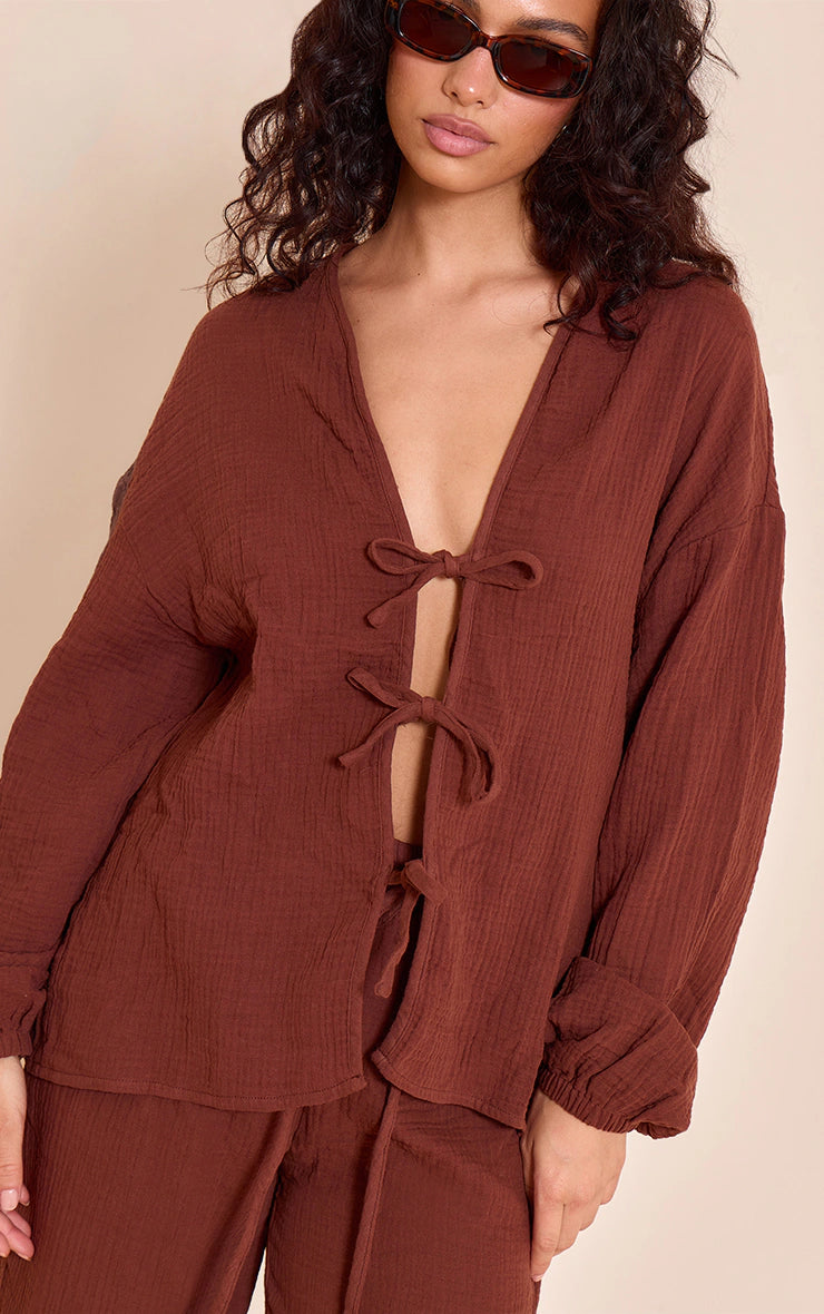 Dark Brown Cheesecloth Textured Tie Front Shirt