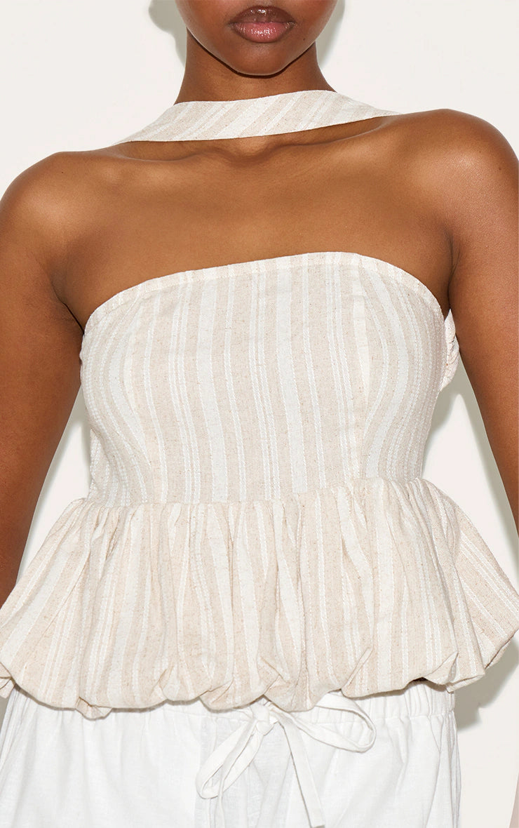 Beige Striped Bubble Hem Top