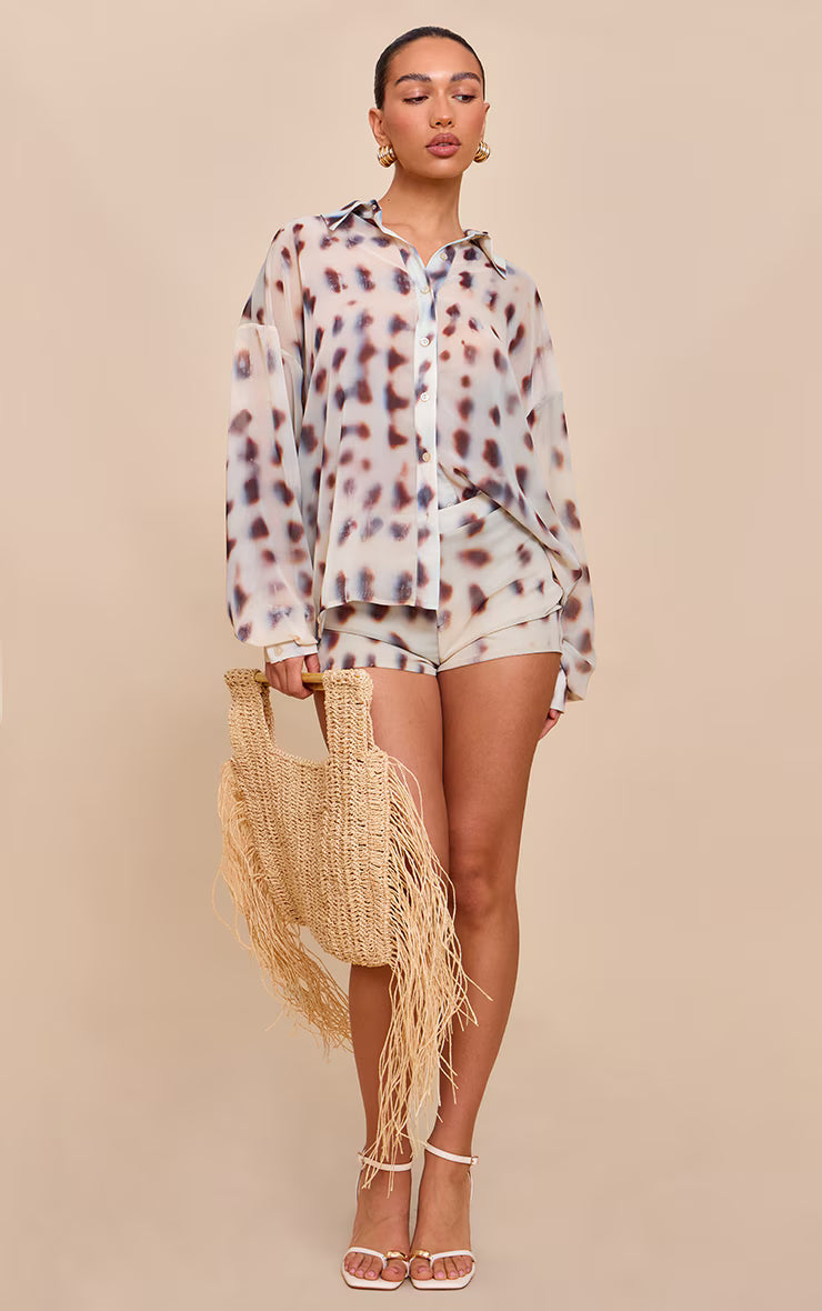 Cream Chiffon Printed Tailored Shorts