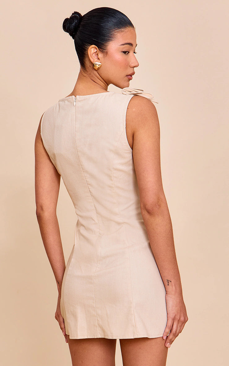 Almond Woven Asymmetric Bow Detail Shift Dress